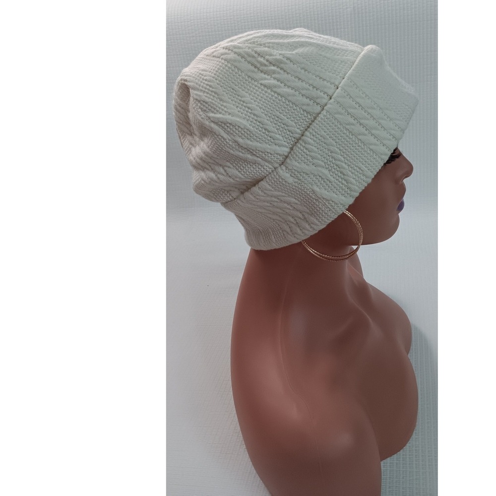 Cream White Cable Knit Slouchy Beanie Cap Winter Hat Womens One Size - Picture 6 of 7